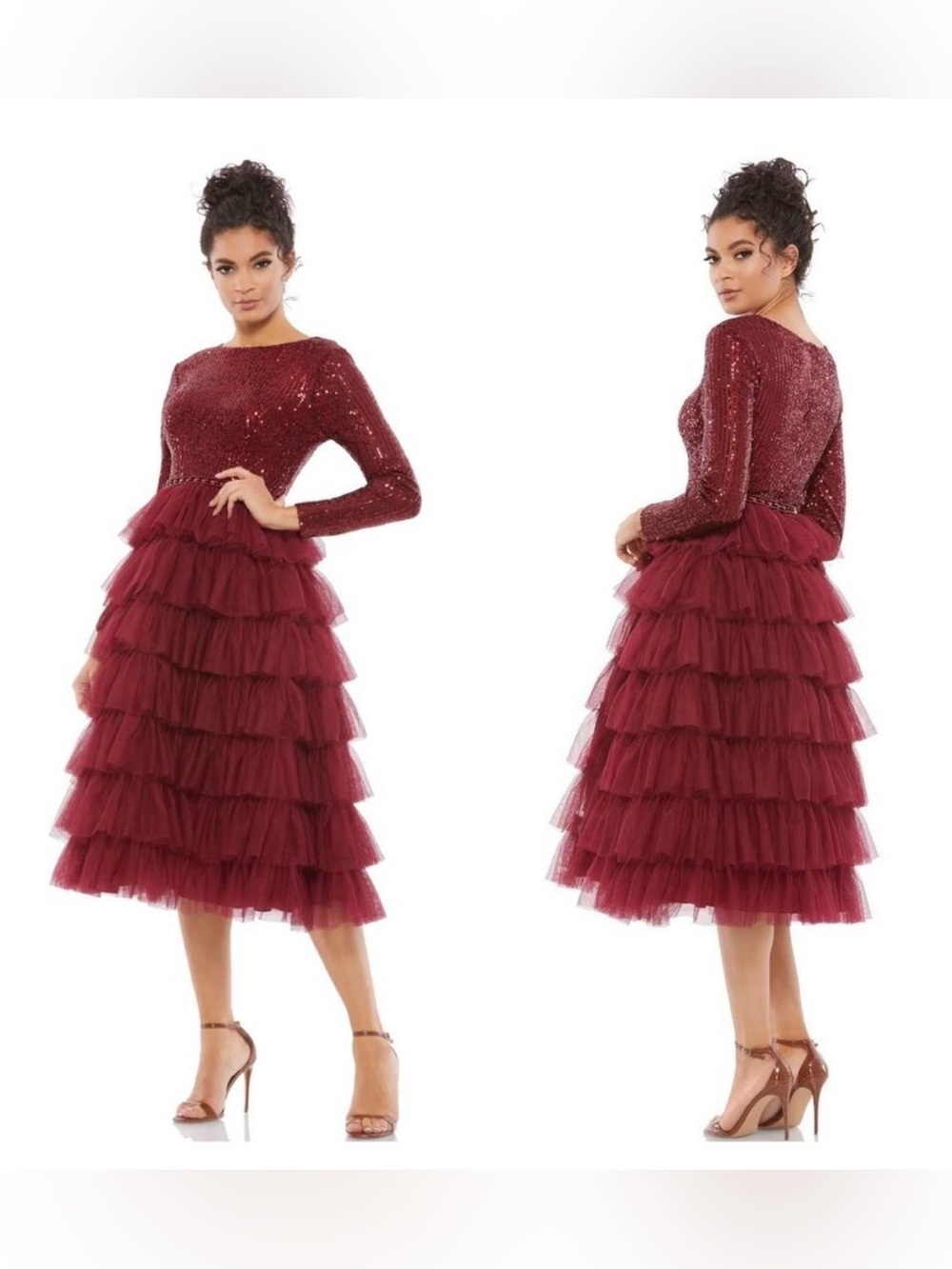Mac Duggal 26299 NWT Long Sleeve Ruffled Tiered Midi Dress In Burgundy